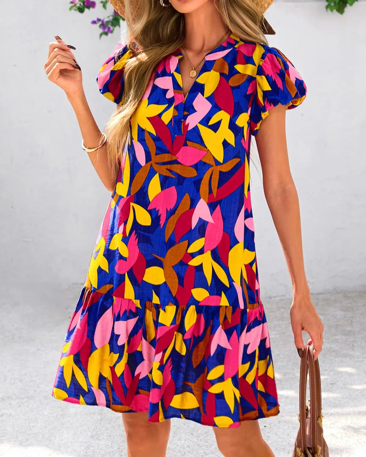dowerme Womens Summer Dresses 2025 Puffy Sleeve V Neck Loose Floral Print A Line Boho Mini Babydoll Dress with Pockets