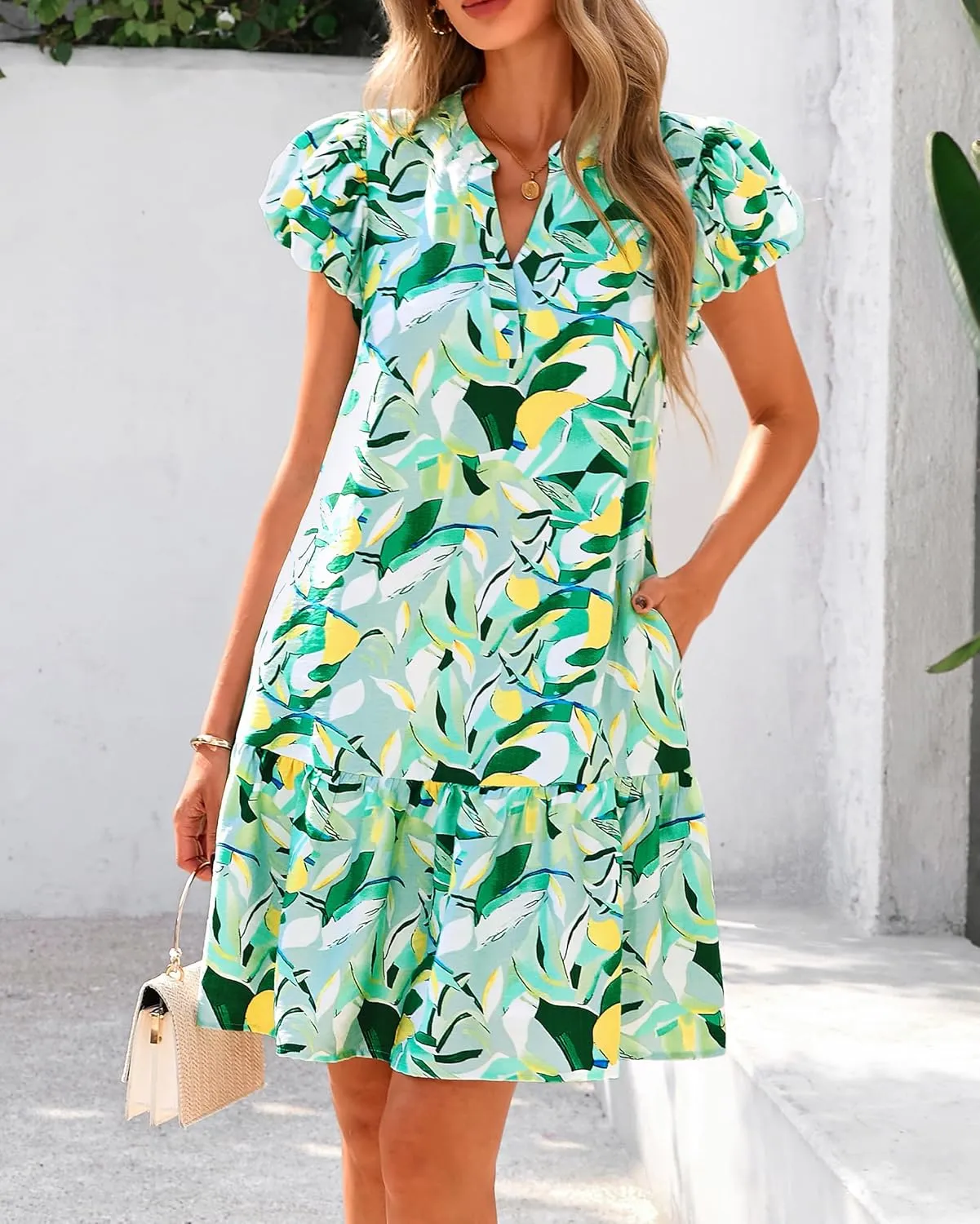 dowerme Womens Summer Dresses 2025 Puffy Sleeve V Neck Loose Floral Print A Line Boho Mini Babydoll Dress with Pockets
