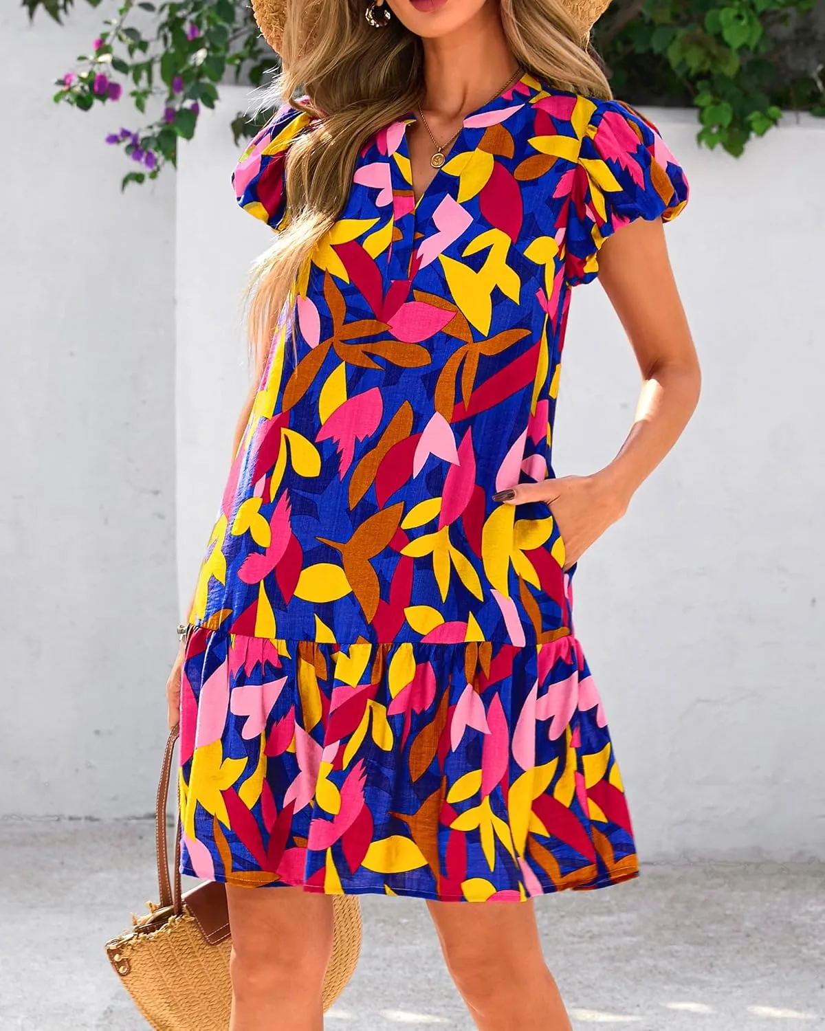dowerme Womens Summer Dresses 2025 Puffy Sleeve V Neck Loose Floral Print A Line Boho Mini Babydoll Dress with Pockets