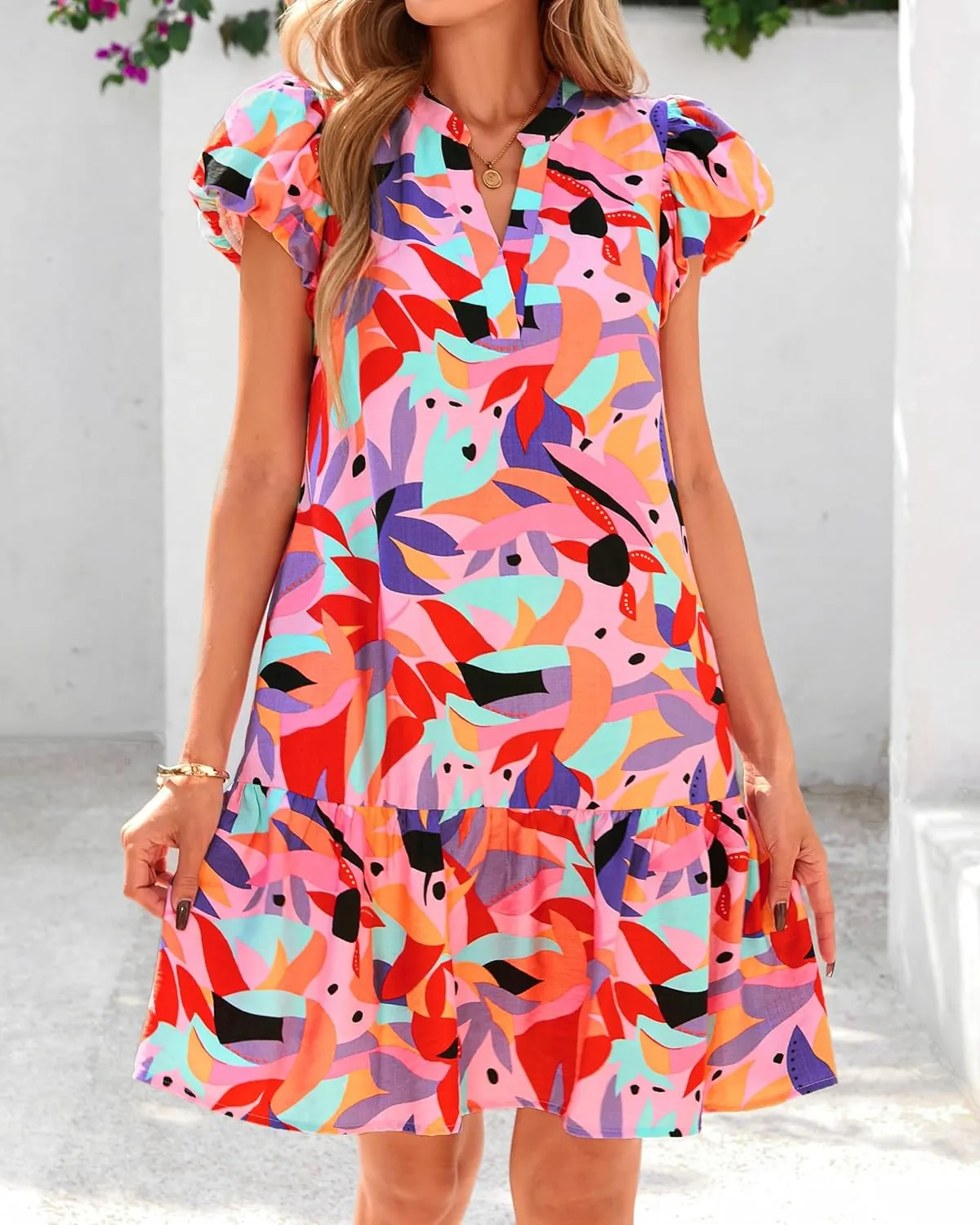 dowerme Womens Summer Dresses 2025 Puffy Sleeve V Neck Loose Floral Print A Line Boho Mini Babydoll Dress with Pockets