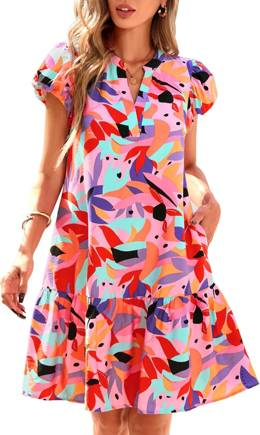 dowerme Womens Summer Dresses 2025 Puffy Sleeve V Neck Loose Floral Print A Line Boho Mini Babydoll Dress with Pockets