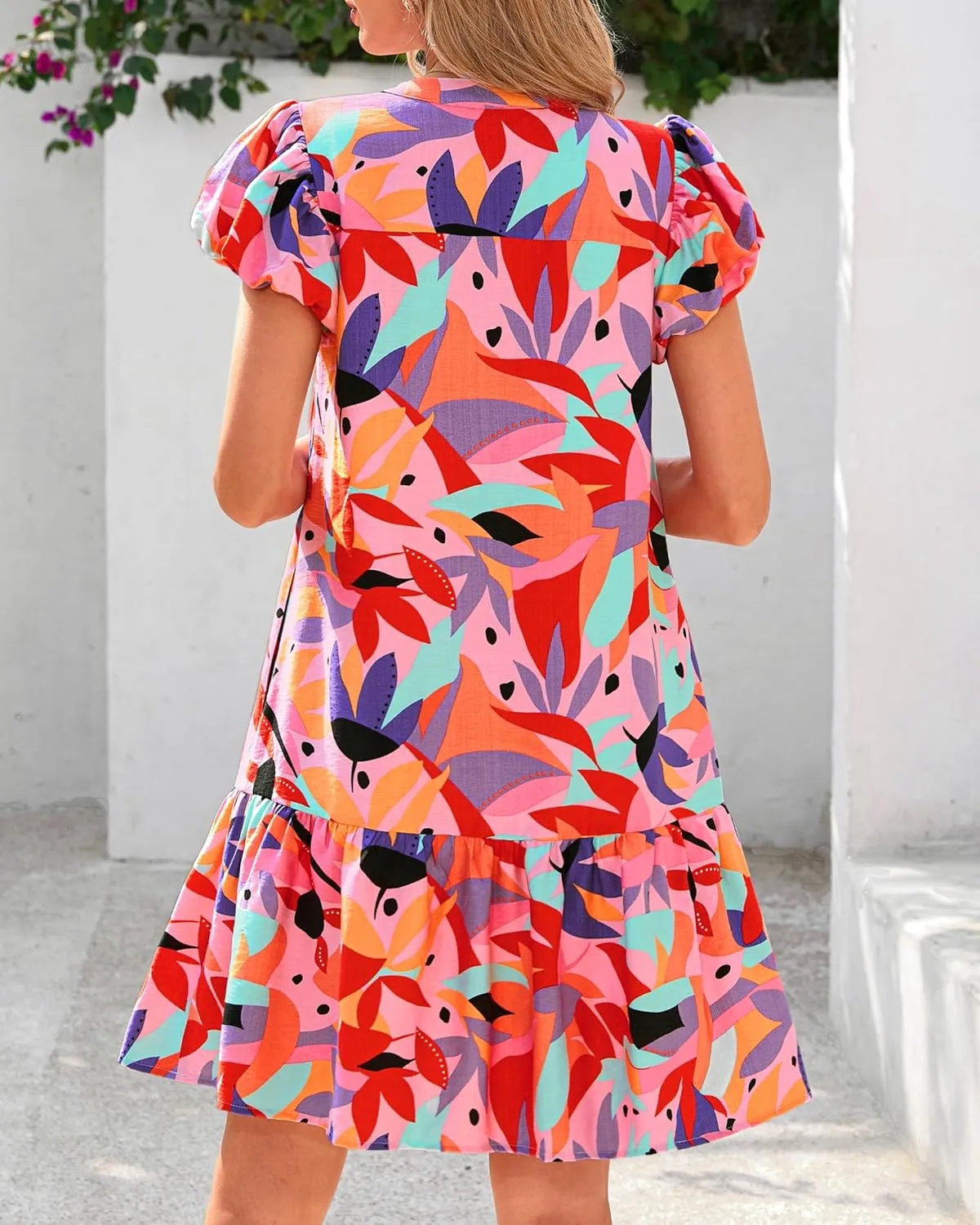 dowerme Womens Summer Dresses 2025 Puffy Sleeve V Neck Loose Floral Print A Line Boho Mini Babydoll Dress with Pockets
