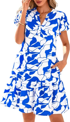 dowerme Womens Summer Dresses 2025 Puffy Sleeve V Neck Loose Floral Print A Line Boho Mini Babydoll Dress with Pockets