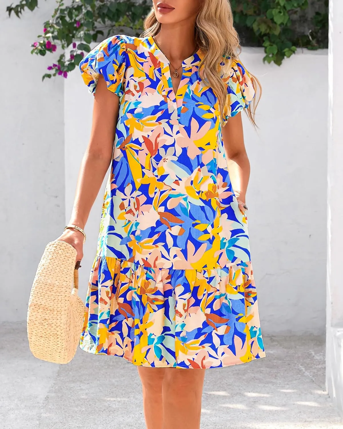 dowerme Womens Summer Dresses 2025 Puffy Sleeve V Neck Loose Floral Print A Line Boho Mini Babydoll Dress with Pockets