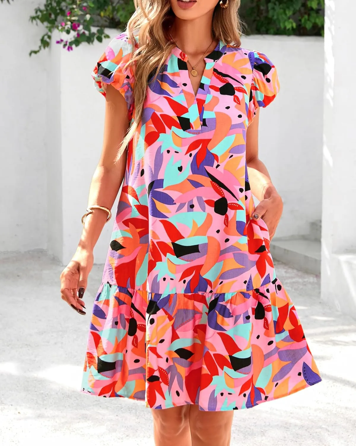 dowerme Womens Summer Dresses 2025 Puffy Sleeve V Neck Loose Floral Print A Line Boho Mini Babydoll Dress with Pockets