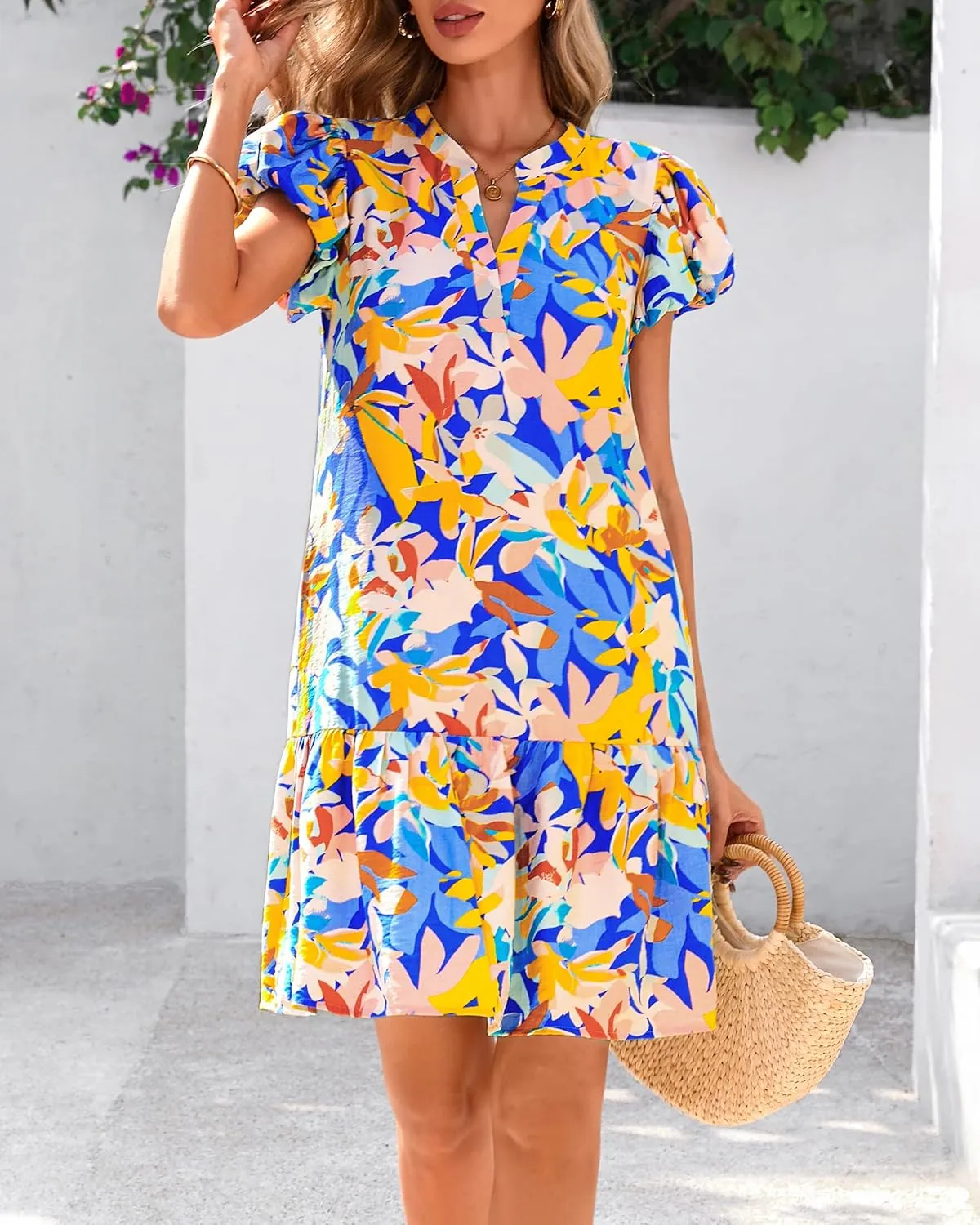 dowerme Womens Summer Dresses 2025 Puffy Sleeve V Neck Loose Floral Print A Line Boho Mini Babydoll Dress with Pockets