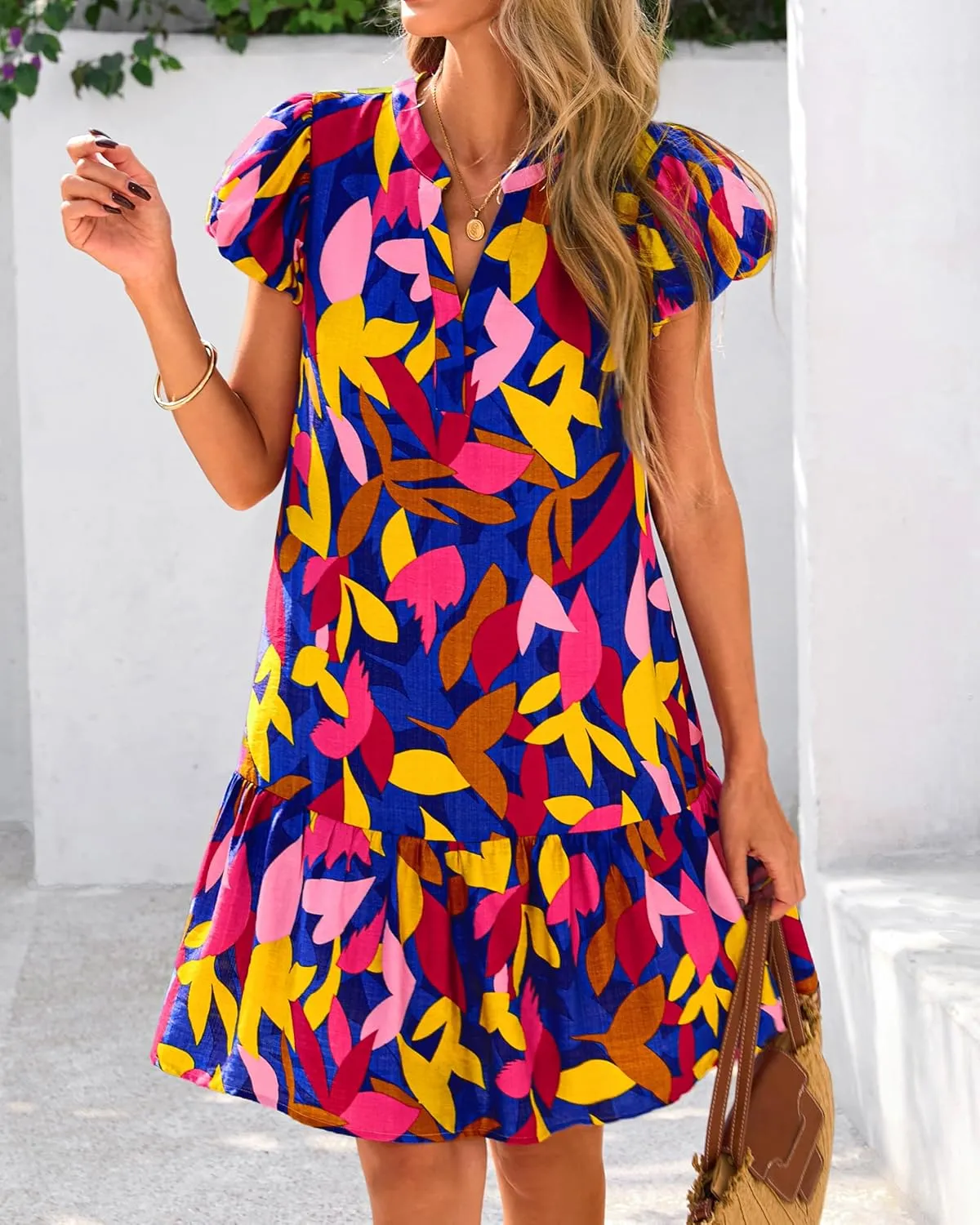 dowerme Womens Summer Dresses 2025 Puffy Sleeve V Neck Loose Floral Print A Line Boho Mini Babydoll Dress with Pockets
