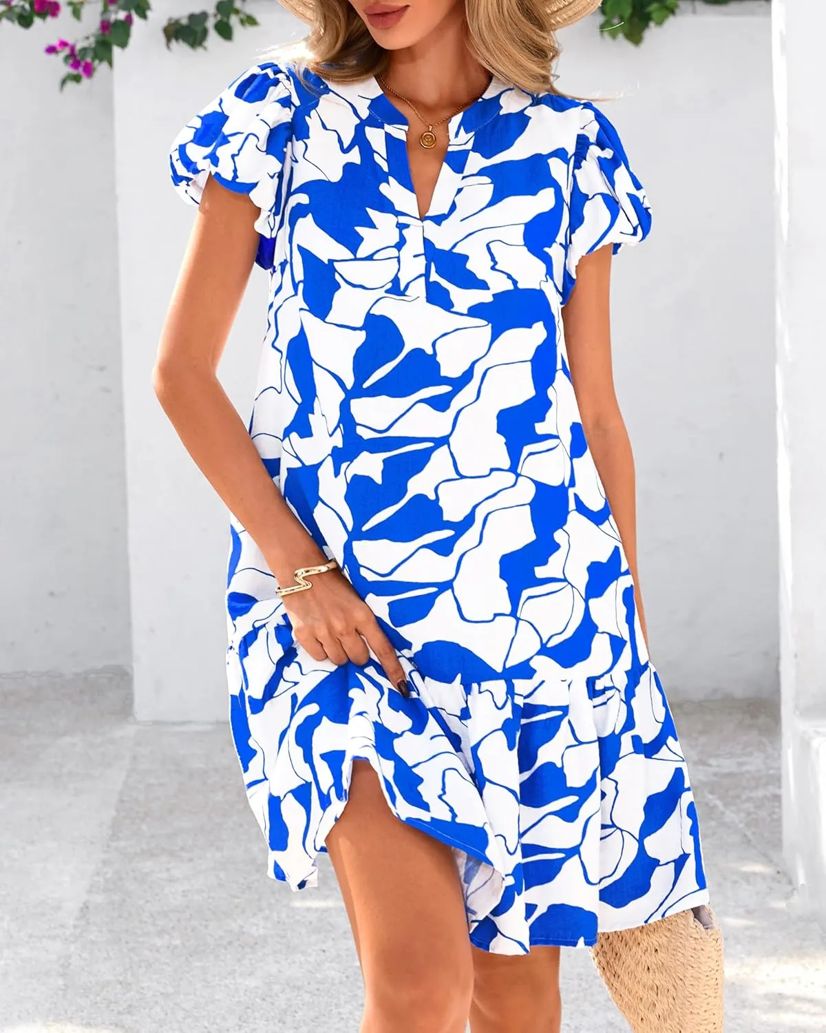 dowerme Womens Summer Dresses 2025 Puffy Sleeve V Neck Loose Floral Print A Line Boho Mini Babydoll Dress with Pockets