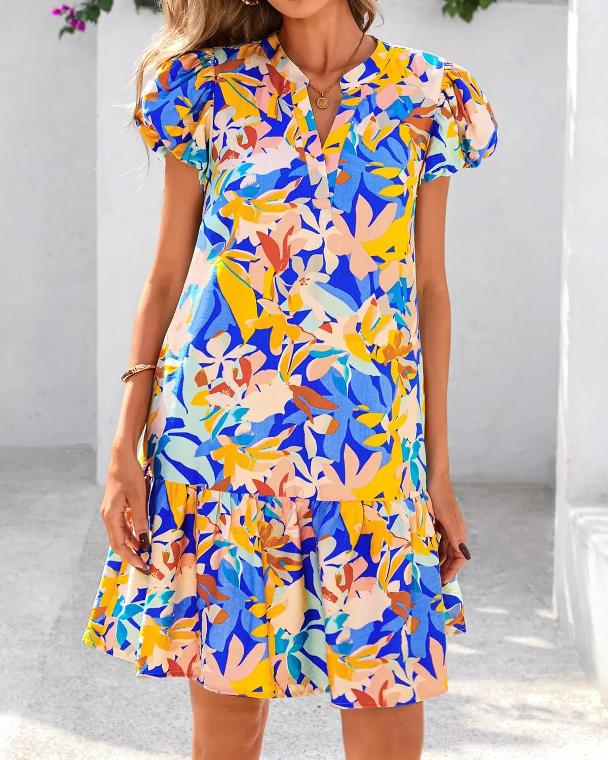 dowerme Womens Summer Dresses 2025 Puffy Sleeve V Neck Loose Floral Print A Line Boho Mini Babydoll Dress with Pockets