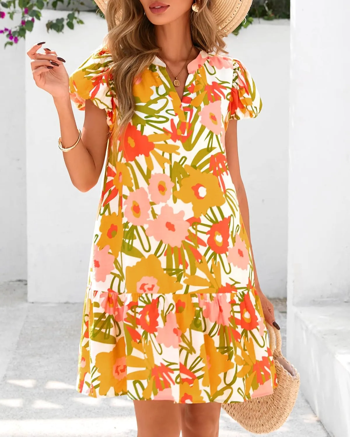 dowerme Womens Summer Dresses 2025 Puffy Sleeve V Neck Loose Floral Print A Line Boho Mini Babydoll Dress with Pockets