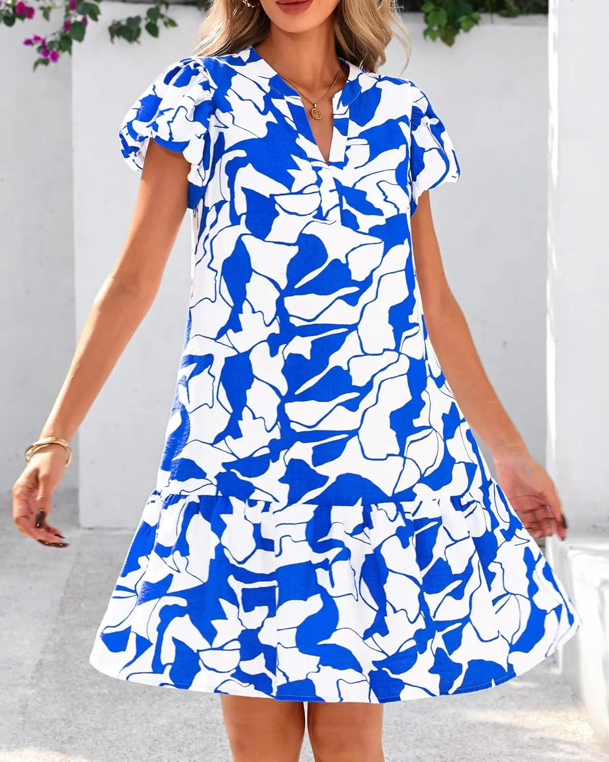 dowerme Womens Summer Dresses 2025 Puffy Sleeve V Neck Loose Floral Print A Line Boho Mini Babydoll Dress with Pockets