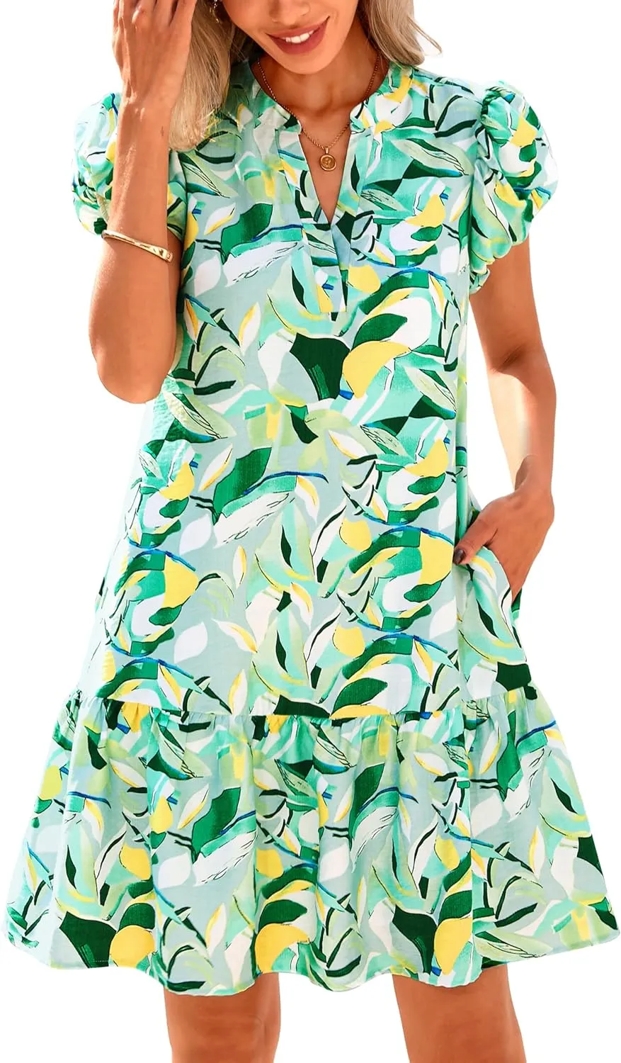 dowerme Womens Summer Dresses 2025 Puffy Sleeve V Neck Loose Floral Print A Line Boho Mini Babydoll Dress with Pockets