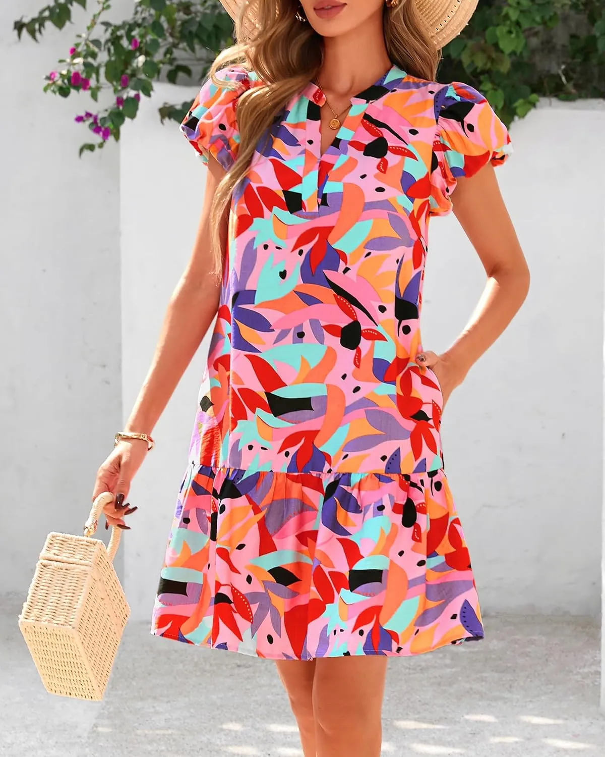 dowerme Womens Summer Dresses 2025 Puffy Sleeve V Neck Loose Floral Print A Line Boho Mini Babydoll Dress with Pockets