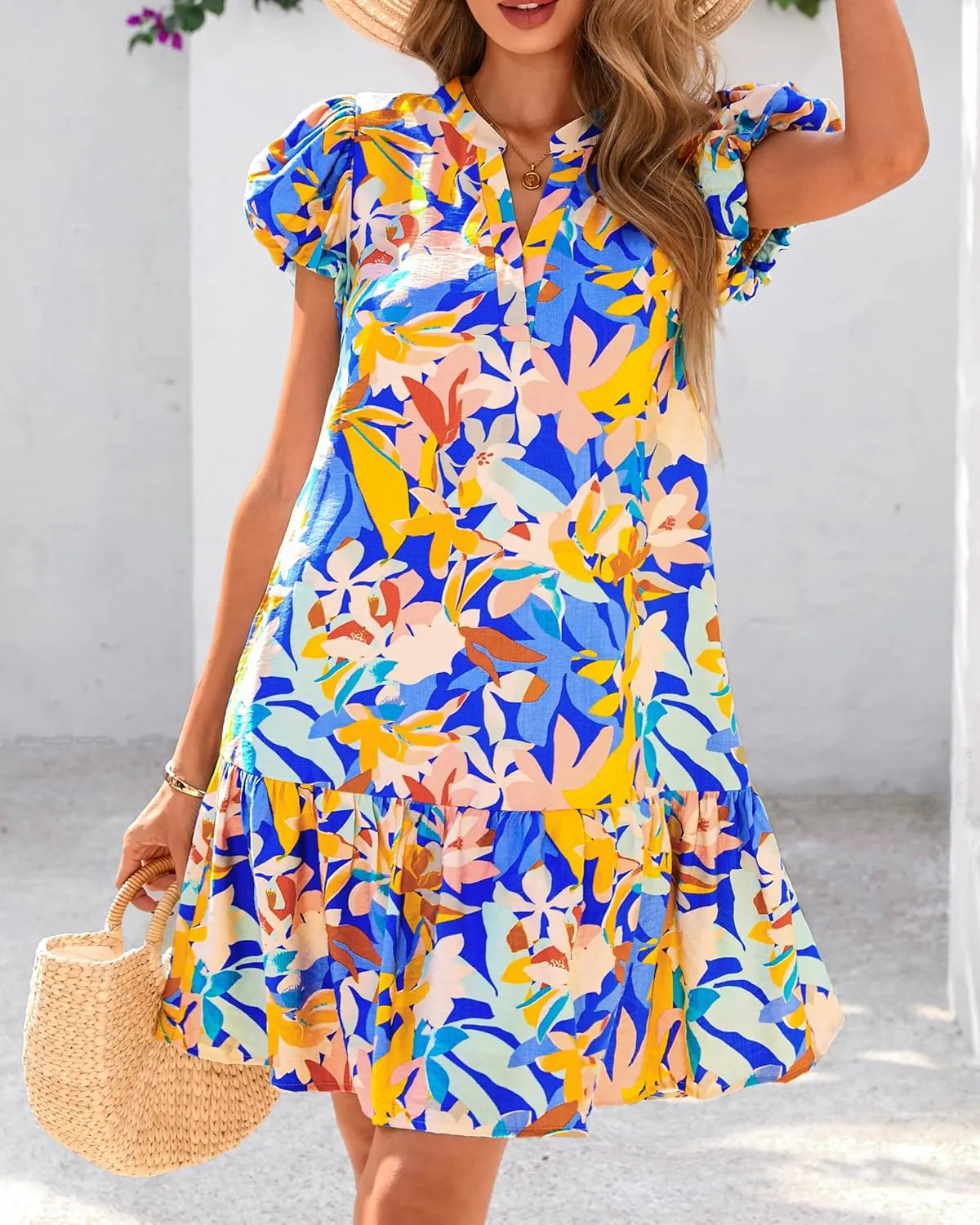 dowerme Womens Summer Dresses 2025 Puffy Sleeve V Neck Loose Floral Print A Line Boho Mini Babydoll Dress with Pockets