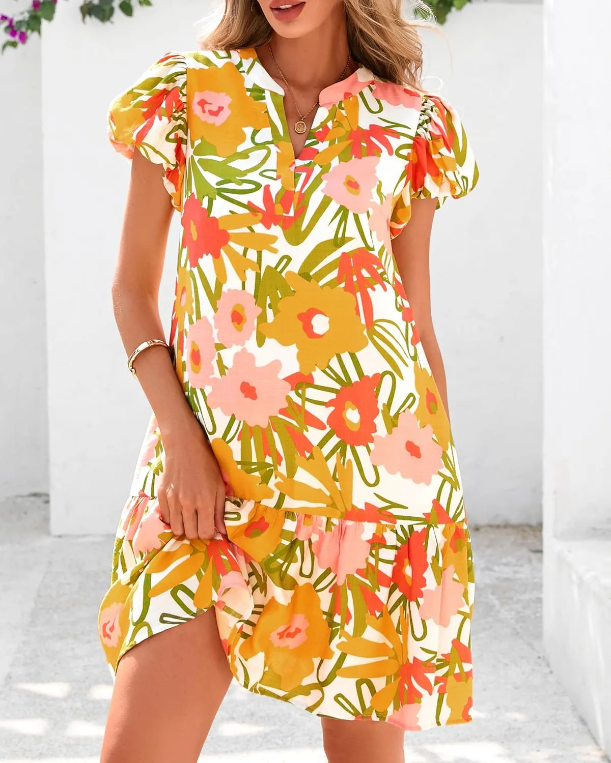 dowerme Womens Summer Dresses 2025 Puffy Sleeve V Neck Loose Floral Print A Line Boho Mini Babydoll Dress with Pockets