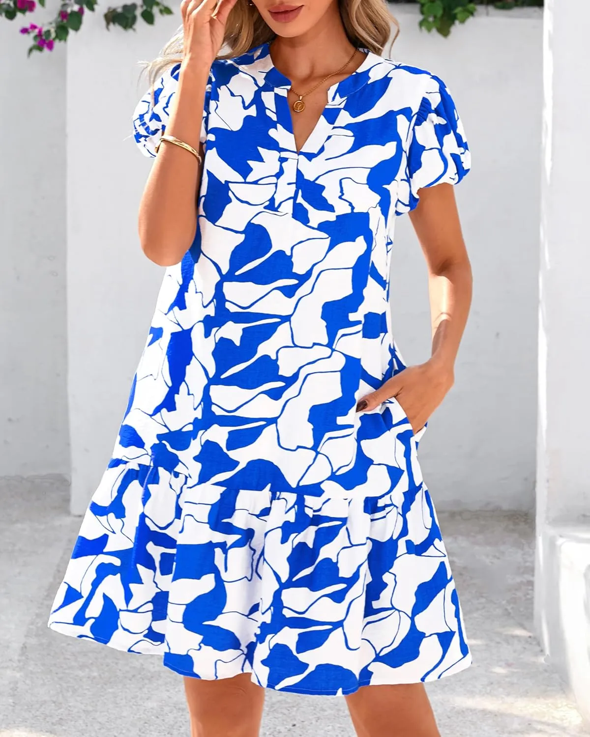 dowerme Womens Summer Dresses 2025 Puffy Sleeve V Neck Loose Floral Print A Line Boho Mini Babydoll Dress with Pockets