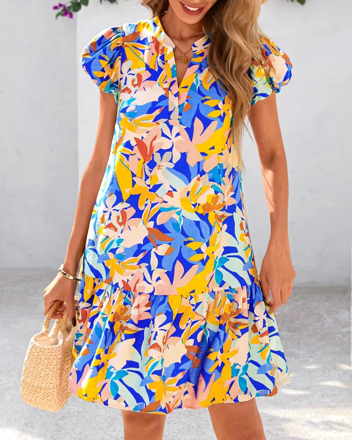 dowerme Womens Summer Dresses 2025 Puffy Sleeve V Neck Loose Floral Print A Line Boho Mini Babydoll Dress with Pockets