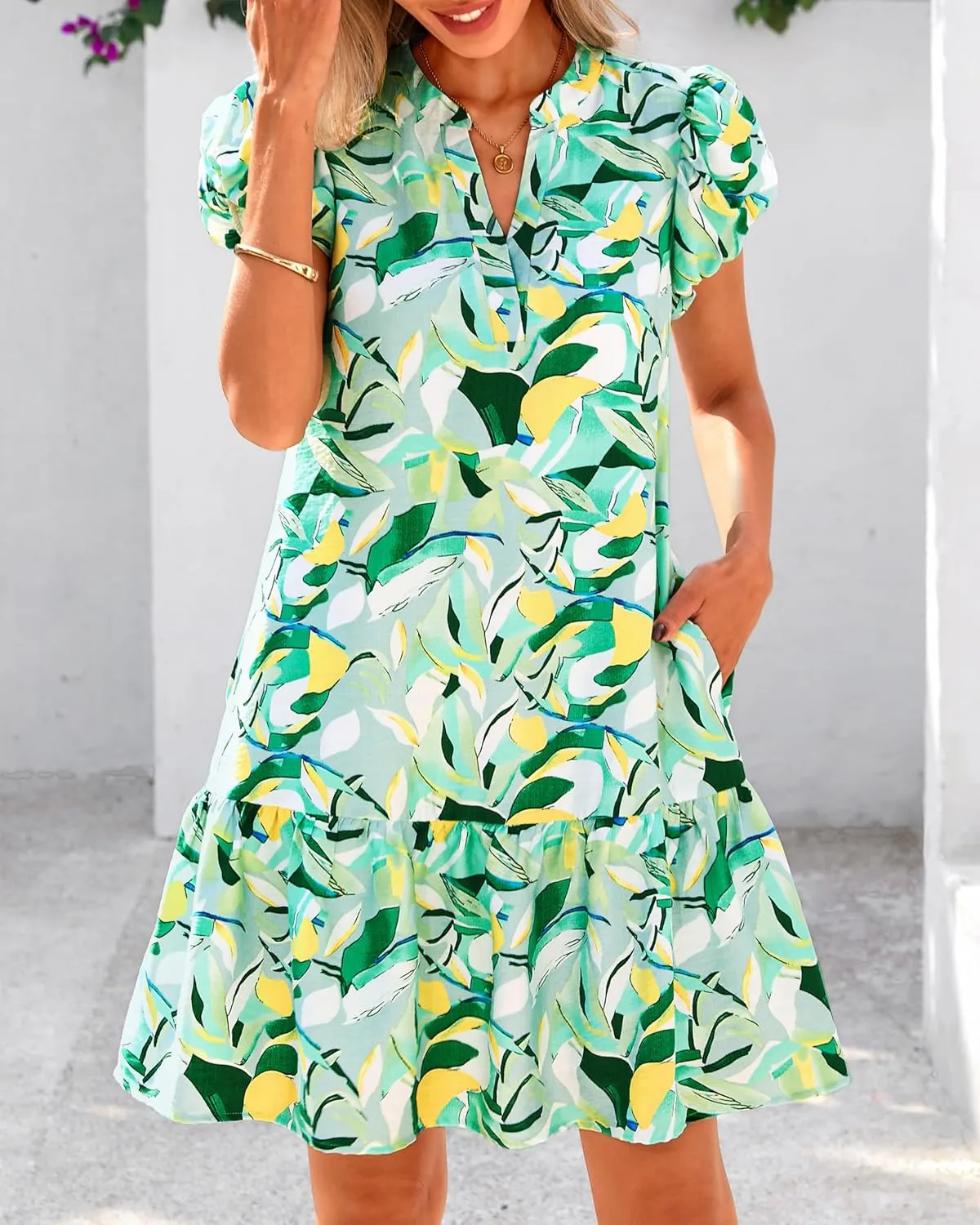 dowerme Womens Summer Dresses 2025 Puffy Sleeve V Neck Loose Floral Print A Line Boho Mini Babydoll Dress with Pockets
