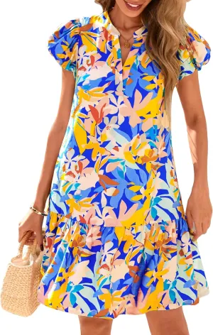 dowerme Womens Summer Dresses 2025 Puffy Sleeve V Neck Loose Floral Print A Line Boho Mini Babydoll Dress with Pockets