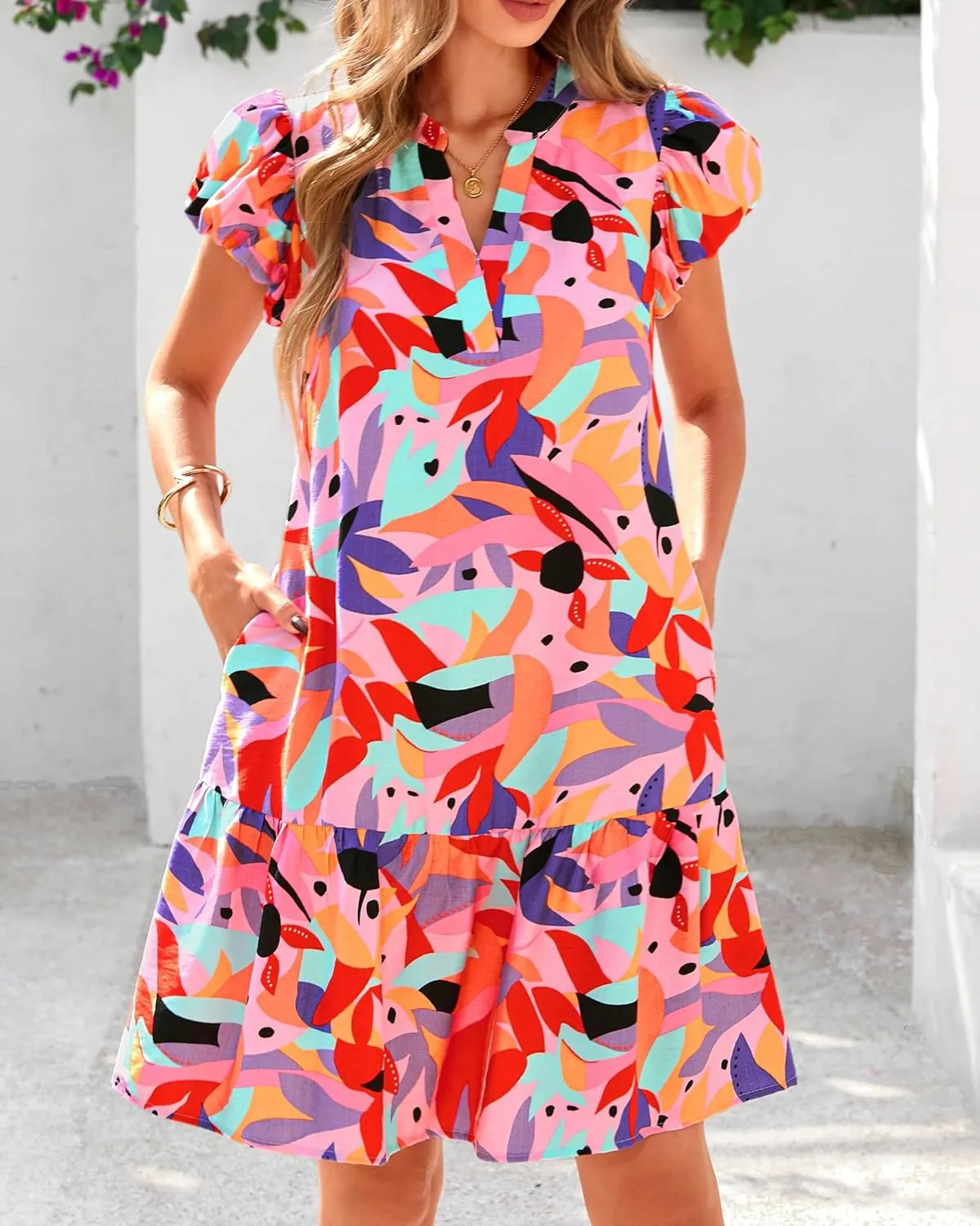 dowerme Womens Summer Dresses 2025 Puffy Sleeve V Neck Loose Floral Print A Line Boho Mini Babydoll Dress with Pockets
