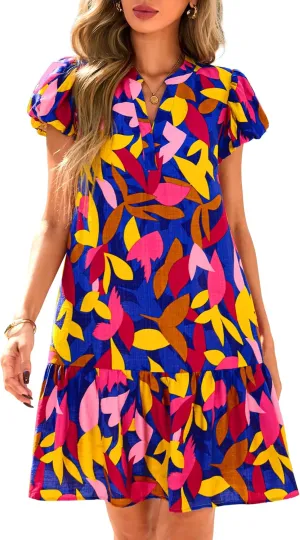 dowerme Womens Summer Dresses 2025 Puffy Sleeve V Neck Loose Floral Print A Line Boho Mini Babydoll Dress with Pockets