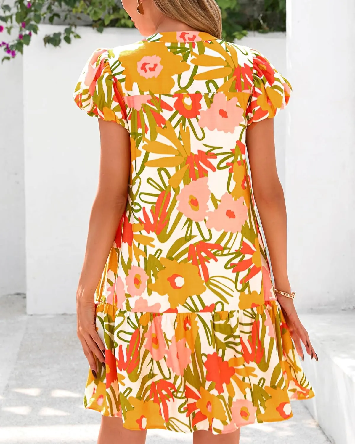 dowerme Womens Summer Dresses 2025 Puffy Sleeve V Neck Loose Floral Print A Line Boho Mini Babydoll Dress with Pockets