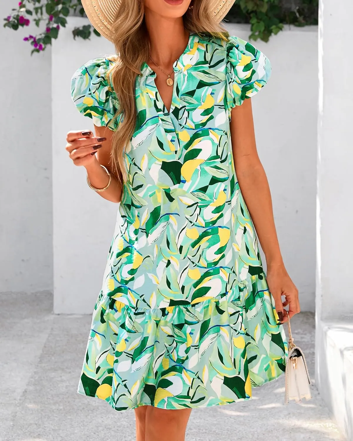 dowerme Womens Summer Dresses 2025 Puffy Sleeve V Neck Loose Floral Print A Line Boho Mini Babydoll Dress with Pockets