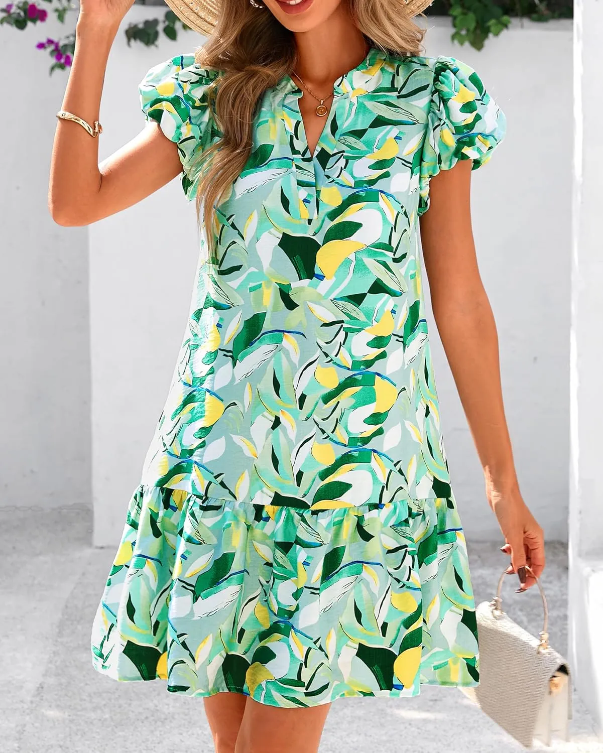 dowerme Womens Summer Dresses 2025 Puffy Sleeve V Neck Loose Floral Print A Line Boho Mini Babydoll Dress with Pockets