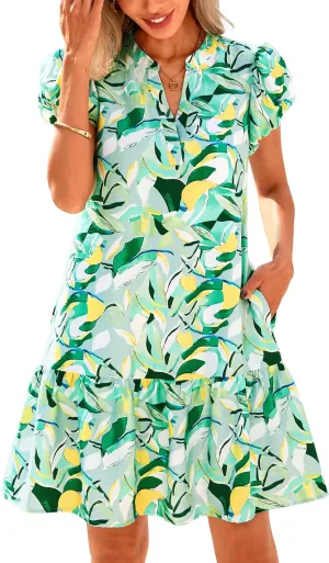 dowerme Womens Summer Dresses 2025 Puffy Sleeve V Neck Loose Floral Print A Line Boho Mini Babydoll Dress with Pockets