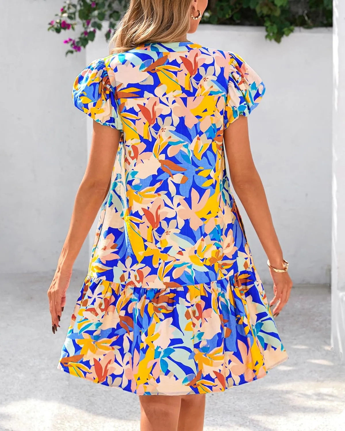 dowerme Womens Summer Dresses 2025 Puffy Sleeve V Neck Loose Floral Print A Line Boho Mini Babydoll Dress with Pockets