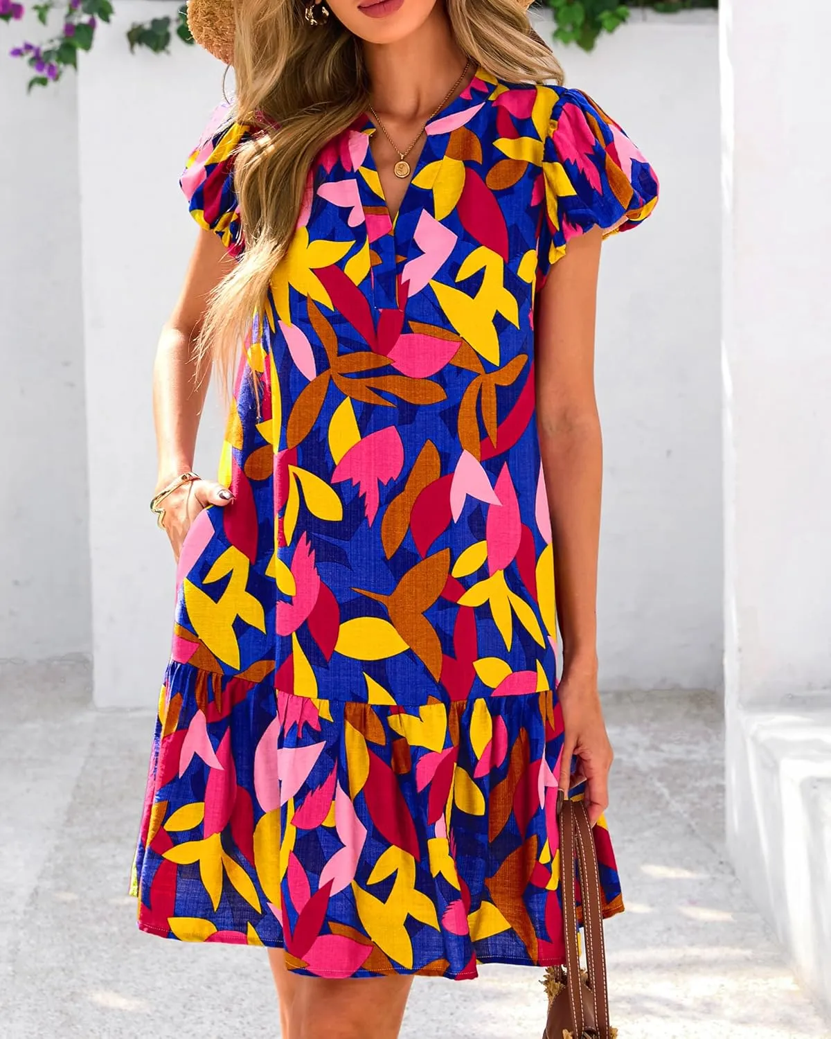 dowerme Womens Summer Dresses 2025 Puffy Sleeve V Neck Loose Floral Print A Line Boho Mini Babydoll Dress with Pockets