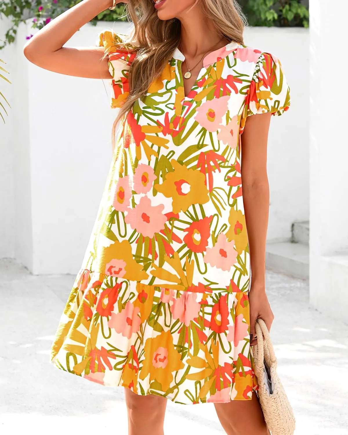 dowerme Womens Summer Dresses 2025 Puffy Sleeve V Neck Loose Floral Print A Line Boho Mini Babydoll Dress with Pockets