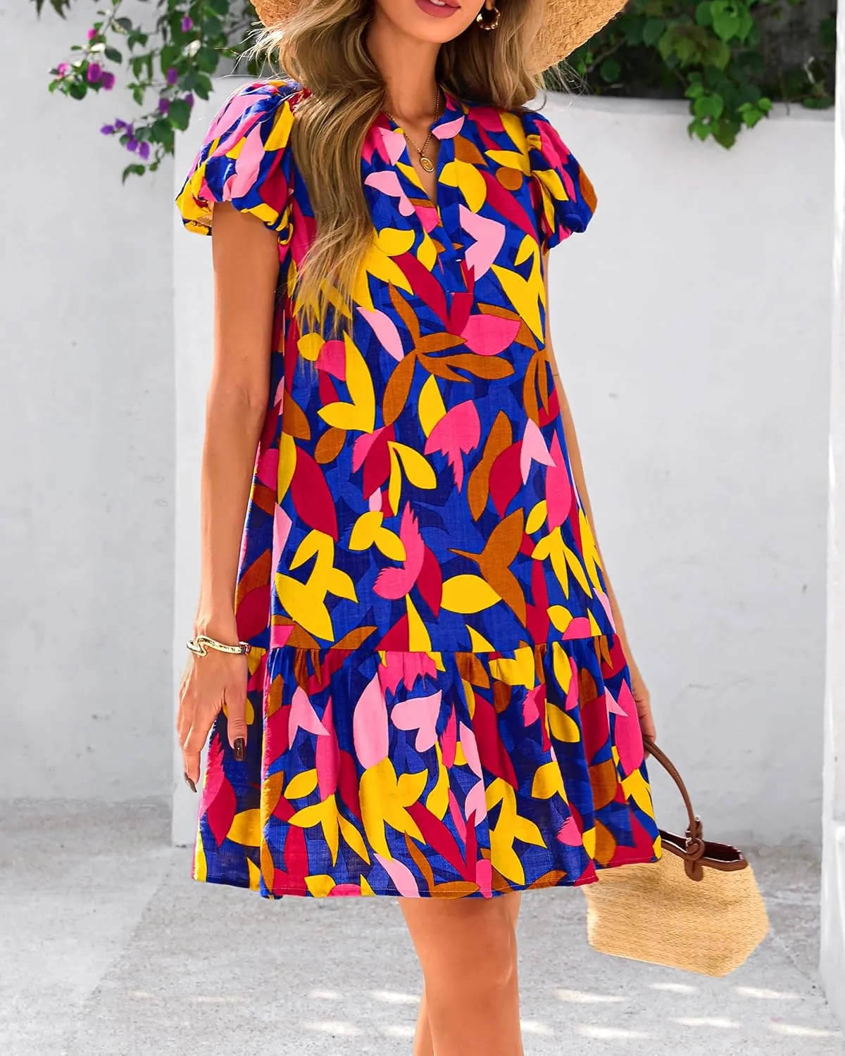 dowerme Womens Summer Dresses 2025 Puffy Sleeve V Neck Loose Floral Print A Line Boho Mini Babydoll Dress with Pockets