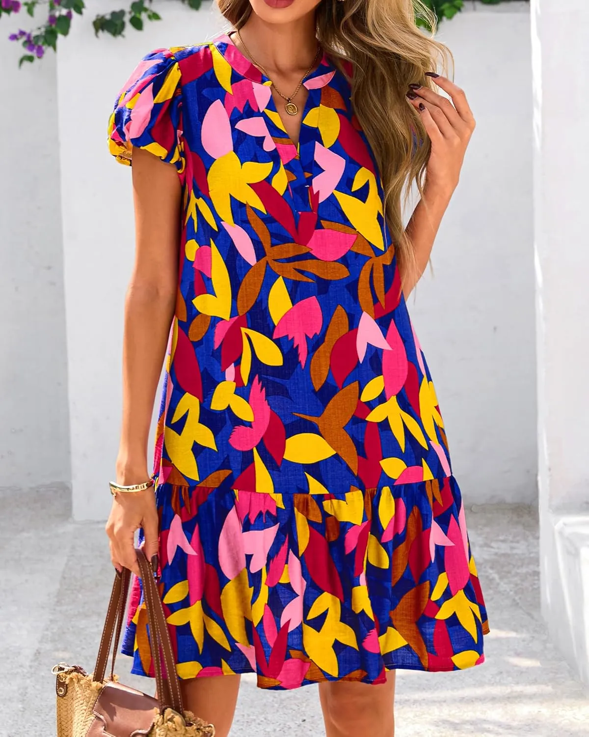 dowerme Womens Summer Dresses 2025 Puffy Sleeve V Neck Loose Floral Print A Line Boho Mini Babydoll Dress with Pockets