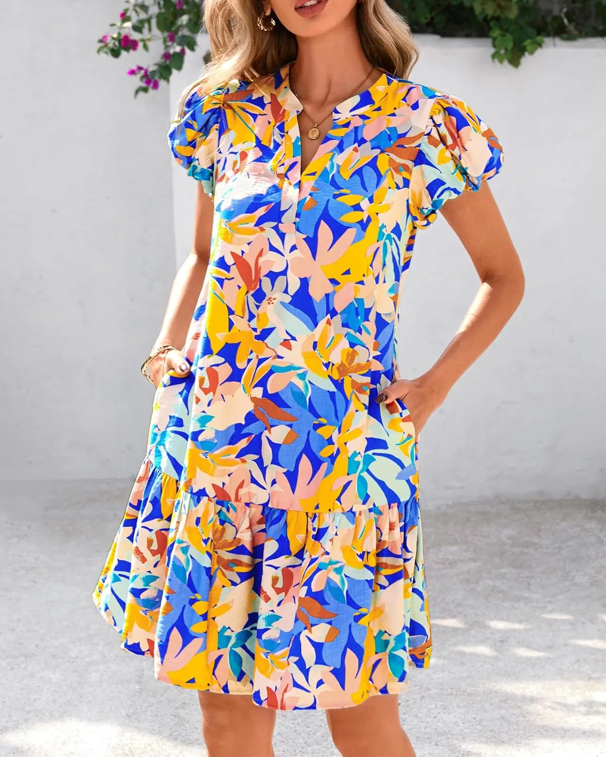 dowerme Womens Summer Dresses 2025 Puffy Sleeve V Neck Loose Floral Print A Line Boho Mini Babydoll Dress with Pockets