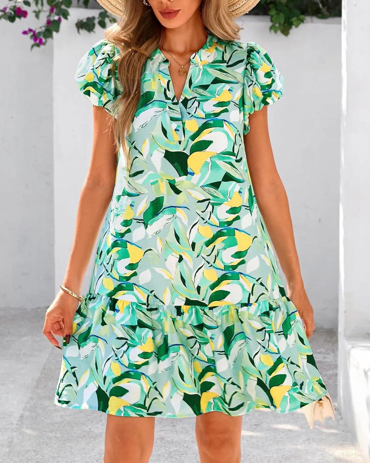 dowerme Womens Summer Dresses 2025 Puffy Sleeve V Neck Loose Floral Print A Line Boho Mini Babydoll Dress with Pockets