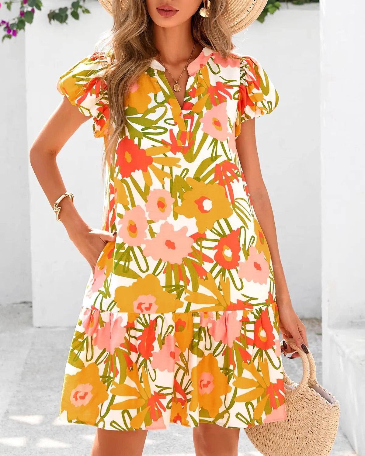 dowerme Womens Summer Dresses 2025 Puffy Sleeve V Neck Loose Floral Print A Line Boho Mini Babydoll Dress with Pockets