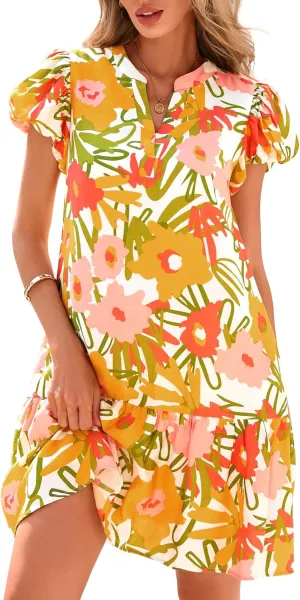 dowerme Womens Summer Dresses 2025 Puffy Sleeve V Neck Loose Floral Print A Line Boho Mini Babydoll Dress with Pockets