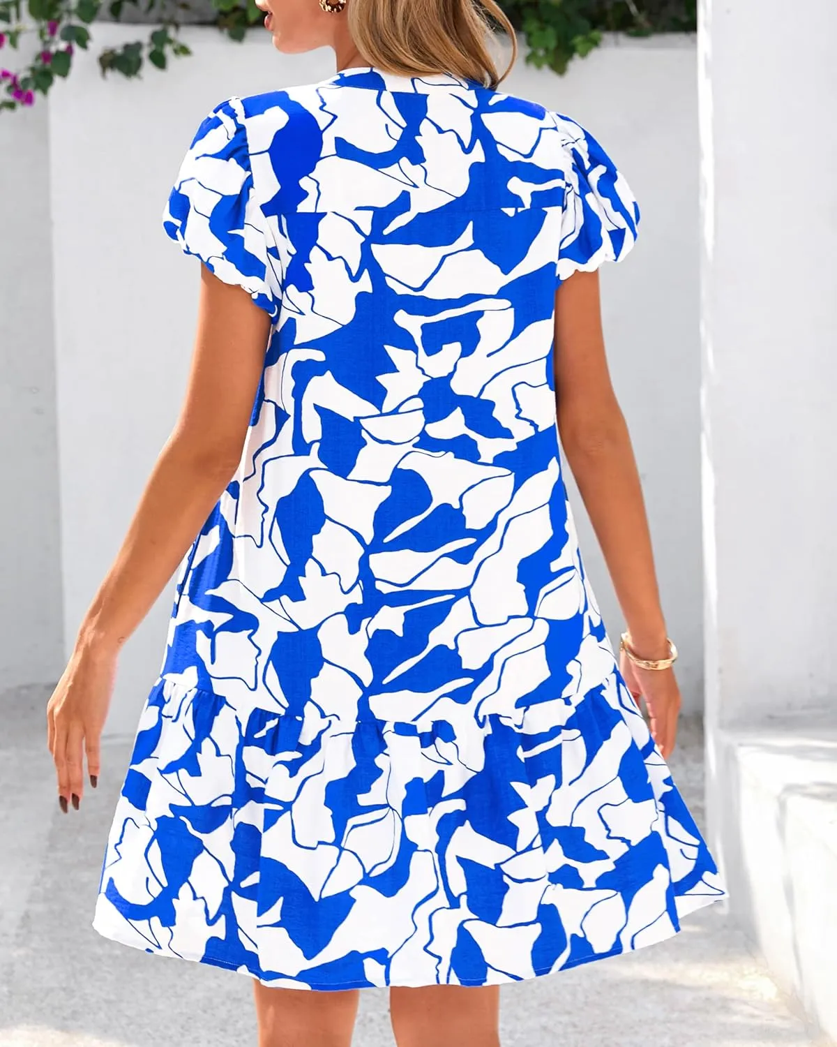 dowerme Womens Summer Dresses 2025 Puffy Sleeve V Neck Loose Floral Print A Line Boho Mini Babydoll Dress with Pockets
