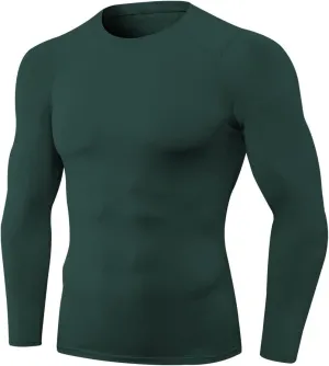EARGFM Men's Sports Compression Shirt Running Workout Long Sleeve Quick Dry Base Layer Active Athletic Gym, 01#green, Large