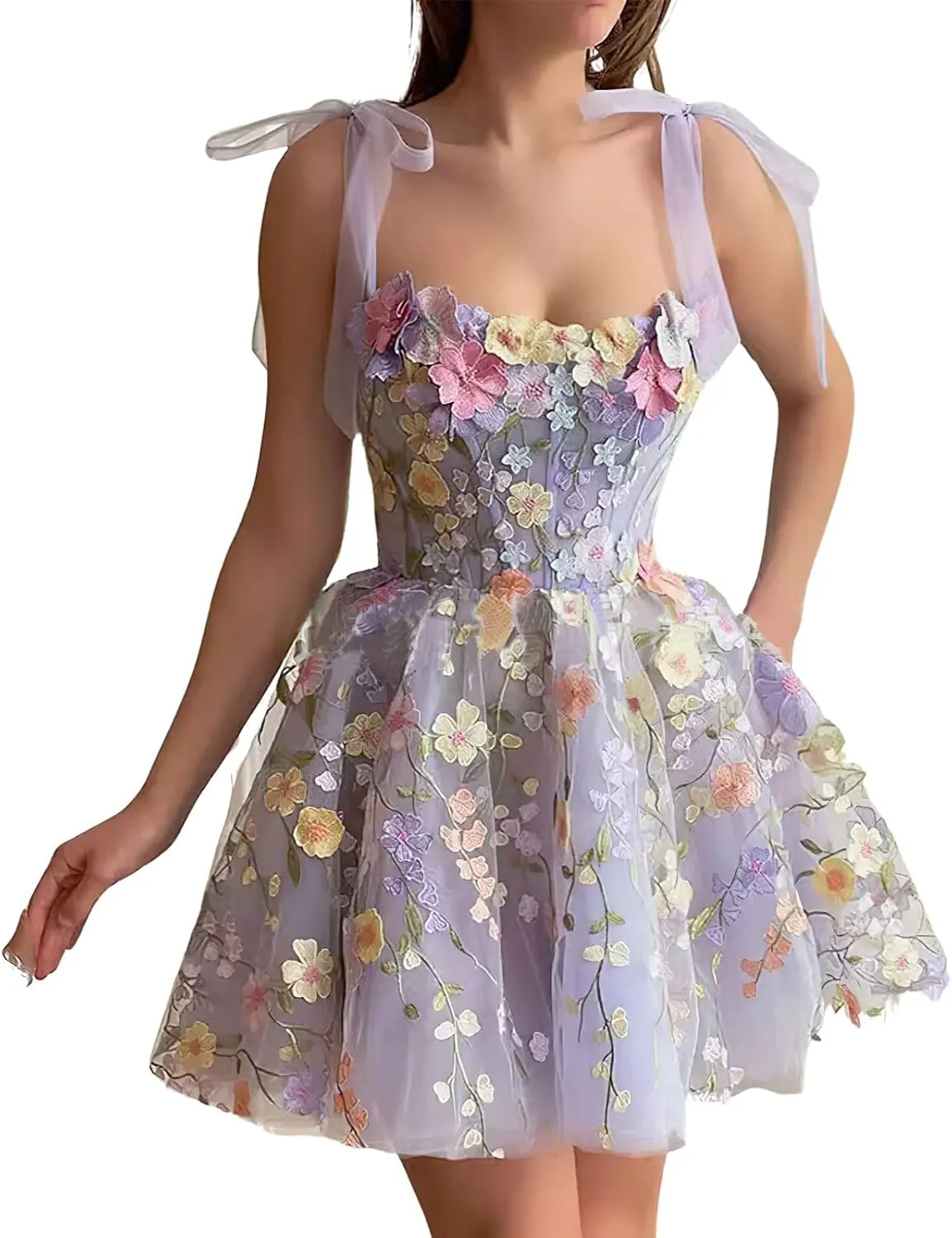 ebossy Women's 3D Floral Tie Strap Tulle Prom Dresses 2024 Summer Fairy Embroidery Lace Applique Party Mini Princess Dress