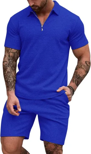 EISHOPEER Men's Polo Shirt and Shorts Set Fashion Zipper 2 Pieces Outfits