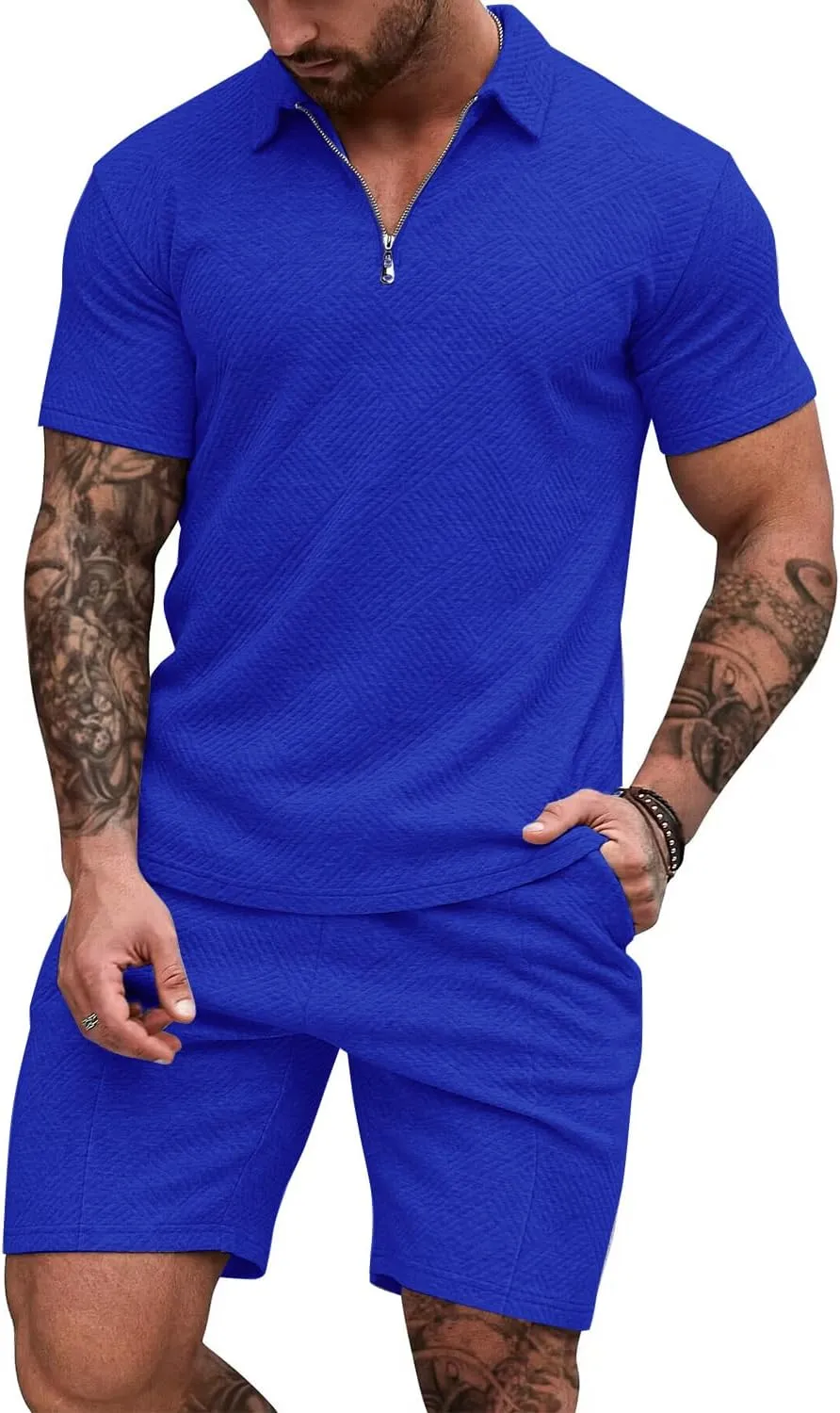 EISHOPEER Men's Polo Shirt and Shorts Set Fashion Zipper 2 Pieces Outfits
