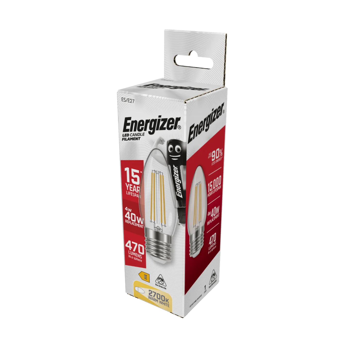 Energizer E27 Filament LED Candle Warm White Lightbulb 40W
