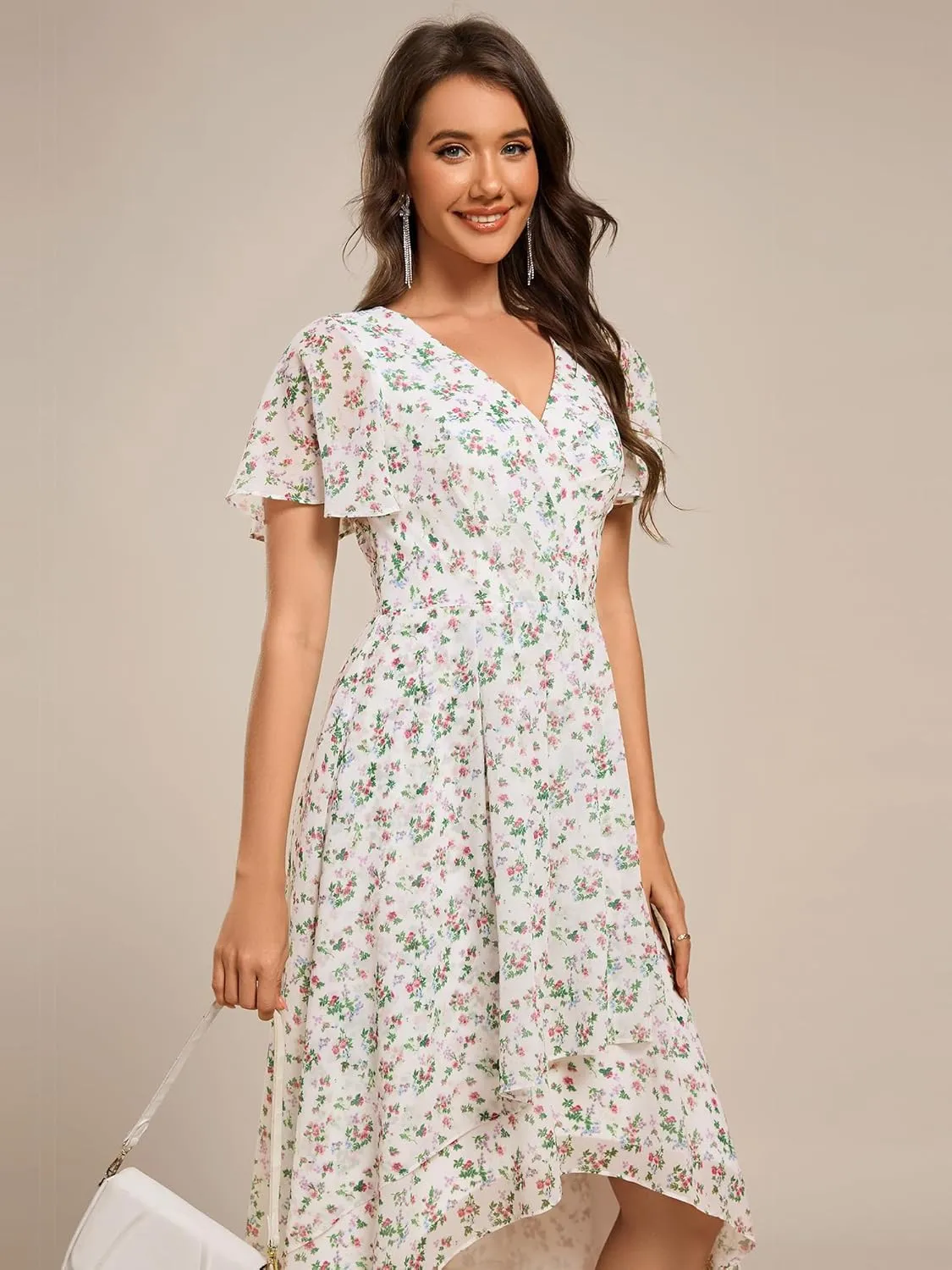 Ever-Pretty Women's Classic V Neck Pleated Short Sleeves Chiffon Hi-Lo Midi Wedding Guest Dress 03084