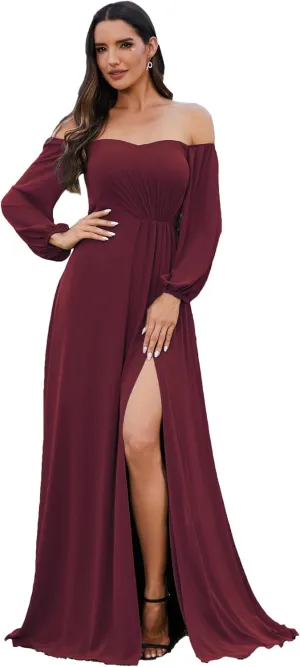 Ever-Pretty Women's Off Shoulder Lantern Sleeves A Line Split Maxi Bridesmaid Dresses S0002