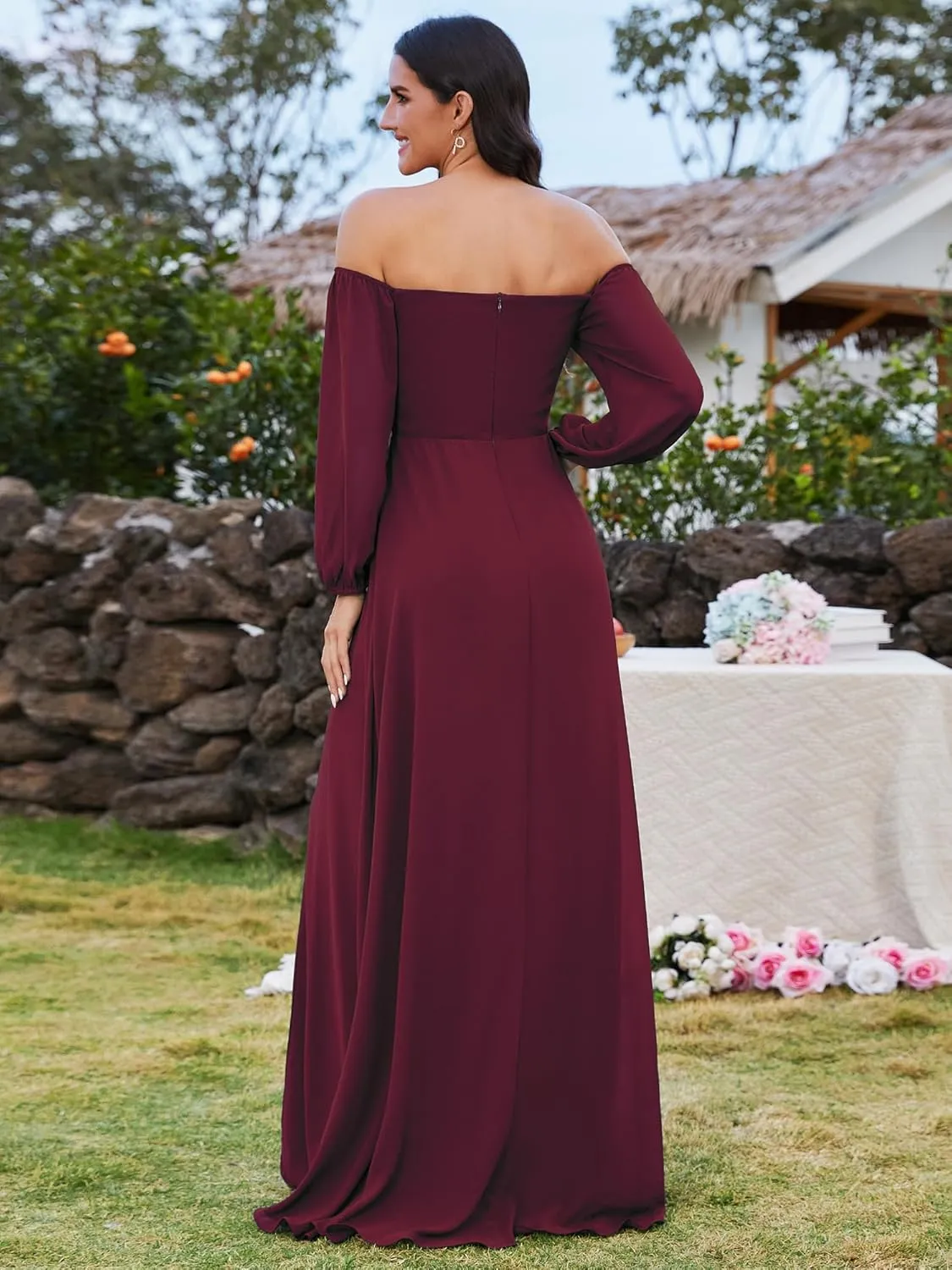 Ever-Pretty Women's Off Shoulder Lantern Sleeves A Line Split Maxi Bridesmaid Dresses S0002
