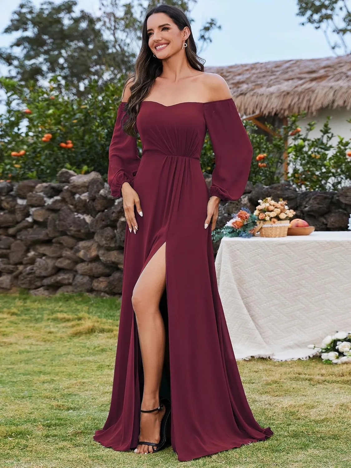 Ever-Pretty Women's Off Shoulder Lantern Sleeves A Line Split Maxi Bridesmaid Dresses S0002