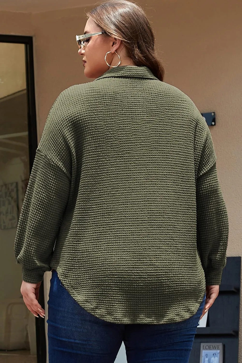 Eytino Womens Plus Size Boyfriend Shirts Casual Long Sleeve Button Down Oversized Waffle Knit Shacket Jacket(1X-5X)
