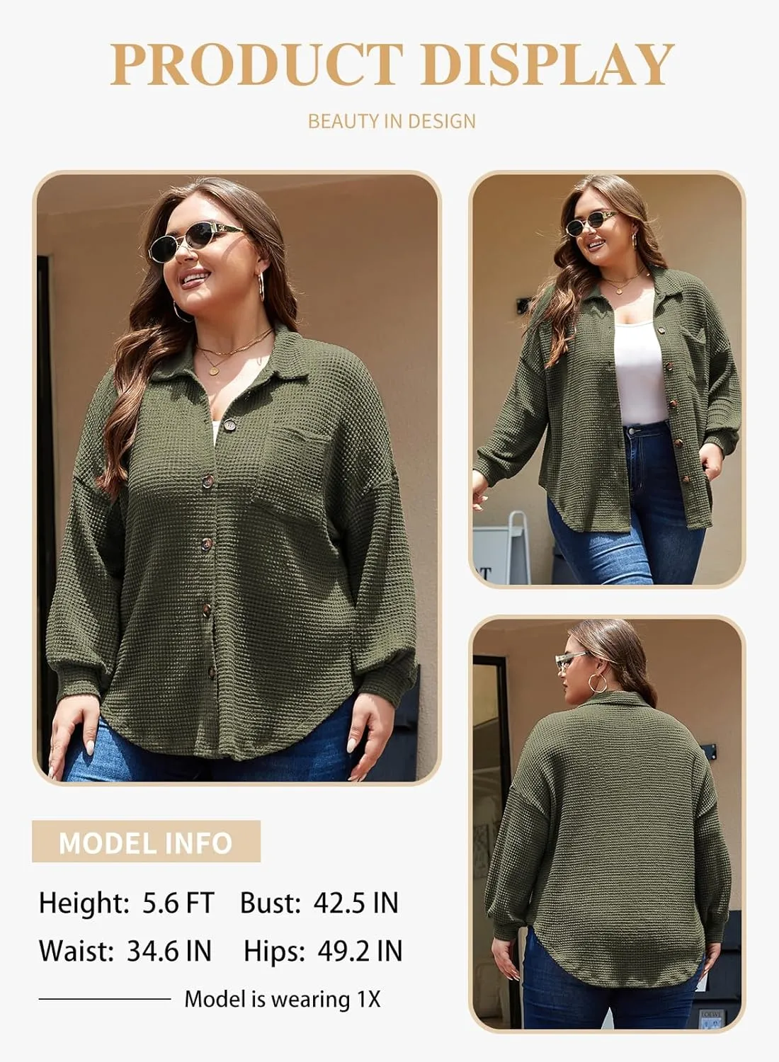 Eytino Womens Plus Size Boyfriend Shirts Casual Long Sleeve Button Down Oversized Waffle Knit Shacket Jacket(1X-5X)